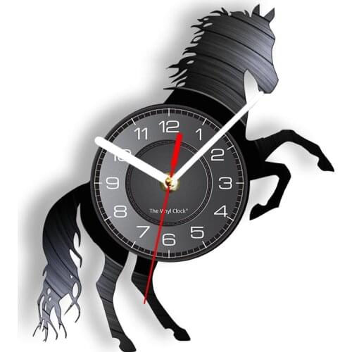 Wild Horse Silhouette Wall Clock Made Of Vinyl LP Record Black Steed Raising Horseshoe Animal Luminous Timepiece Chic Wall Decor