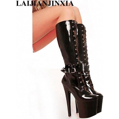 LAIJIANJINXIA New sexy leather ladies 8 inch high heel motorcycle boots for womens autumn winter shoes buckle Knee High Boots