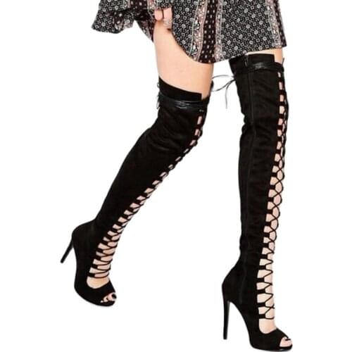 Womens Knee High Boots Black Sexy 2021 New Summer And Autumn Thin High Heels Zipper Fashion Shoes Women Open Toe Thighs