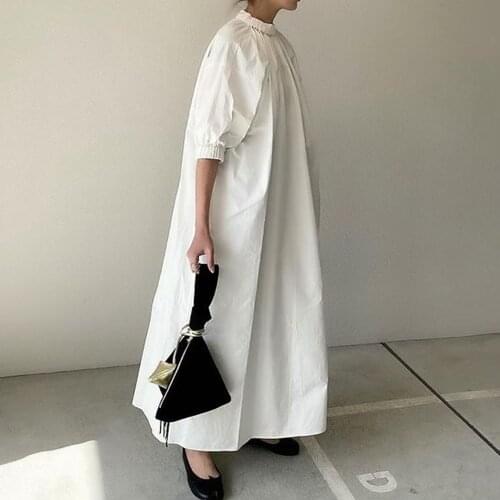 Spring Dress Long Women White Summer Loose A line maxi korean japan Zipper Shirt Round Neck Female Simple puff sleeve robe