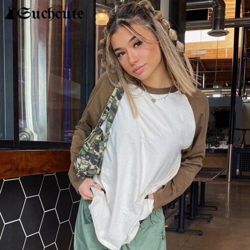 SUCHCUTE Brown Casual T Shirts Women Long Sleeve Harajuku Kawaii Y2K Tops Loose O Neck Lady Shirt Autumn Korean Clubwear Outfits
