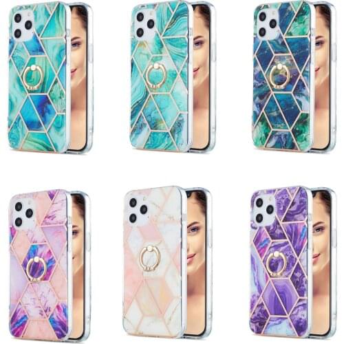 Marble Case for iPhone 12 11 Pro Max SE 2020 XS XR X 7 8 Plus Cover with Ring Holder Stand Geometric Thicken Soft IMD Phone Case