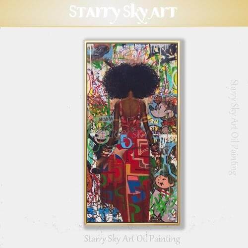 Pure Hand-painted High Quality Vertical Rectangle Black Woman Oil Painting on Canvas Pop Fine Art Graffiti Black Woman Painting