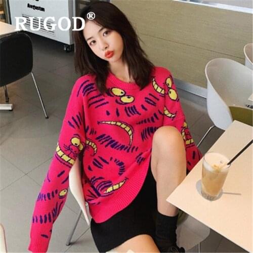 RUGOD 2020 New Autumn Women Cartoon Print Knitted Sweater Lazy Cozy Soft Sweet Sweater O-neck Loose Pullovers Autumn Coat