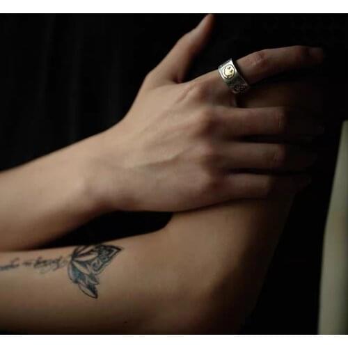 925 Sterling Silver Personality Smiling Face Star Thai Silver Ring Open Ring For Women Men Jewelry Gifts