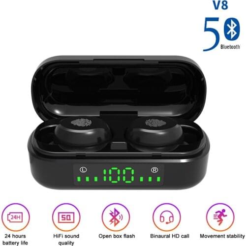V8 TWS Wireless Earphones Bluetooth 5.0 9D Bass Stereo Waterproof Earbuds Handsfree Headset With Microphone Charging