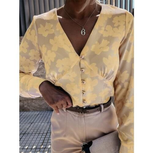 Women’s Loose Casual Button Down Shirts Sexy Deep V Neck Long Sleeve Floral Print Slim Fitted Tops for Spring Autumn