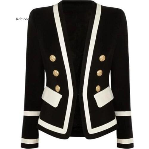 New Fashion Designer Blazer Womens Classic Black White Color Block Metal Buttons Blazer Jacket Outer Wear