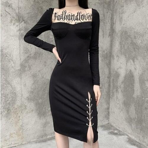 Women Dress bodycon Punk Style Autumn Winter 2020 Sexy Split Chain Lace Up Femme Dresses Party Long Lleeve Black Gothic Clothes