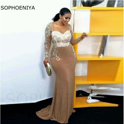 New Arrival African Crystal Mermaid Evening dresses 2021 See Through Long sleeveBeaded Prom Party dress Robe De Soiree