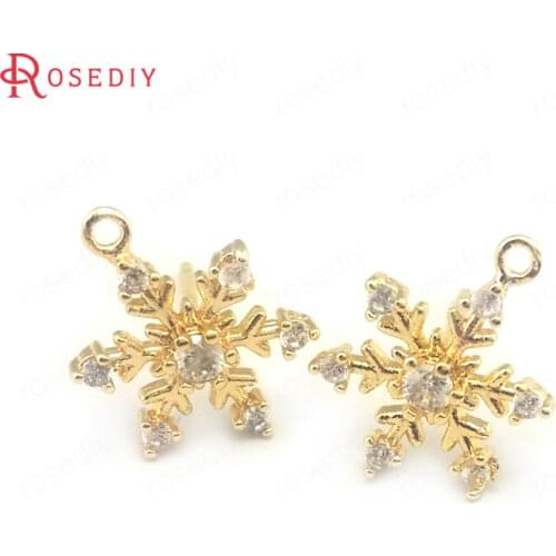 39651)6PCS 11x15MM 24K Gold Color Brass and Zircon Snowflake Stud Earrings Pins Earrings Jewelry Making Supplies Diy Findings