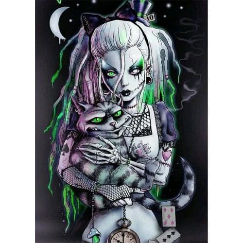5D DIY Diamond Painting Moonlight Skull Girl and Cat Full diamond Embroidery Cross Stitch Mosaic home Decor Halloween Gift