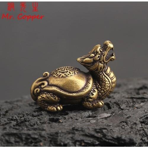 Pure Copper Chinese Dragon Turtle Lucky Desk Ornaments Vintage Brass Auspicious Animal Miniature Figurine Decorations Home Decor