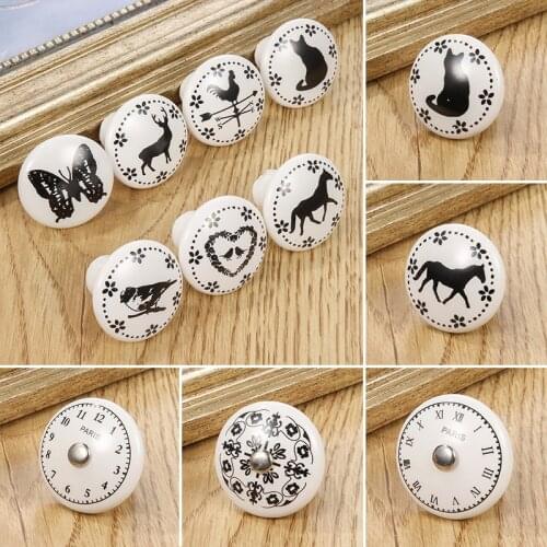 1PC Retro White Ceramic Handle Digital Clock European Pattern Handle For Cabinets Drawer Dresser Wardrobe Handles Pulls