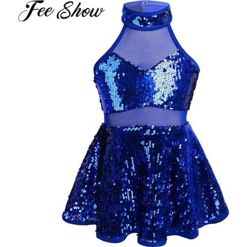 Kids Girls Sleeveless Halter Tulle Splice Caged Back Shiny Sequined Figure Ice Skating Roller Skating Ballet Dance Leotard Dress