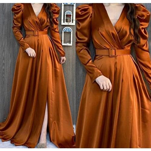 Elegant A-Line Long Sleeve Green V-Neck Evening Dresses with Slit Satin Floor Length Zipper Back Formal Party Dresses for Women
