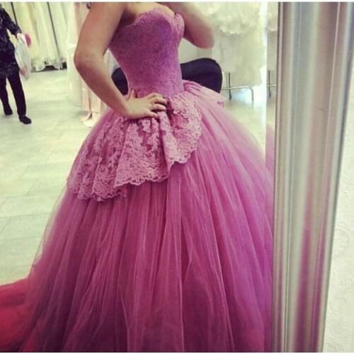 Fuchsia Vestido De Noiva 2020 Muslim Wedding Dresses Ball Gown Sweetheart Tulle Appliques Lace Dubai Arabic Wedding Gown Bridal