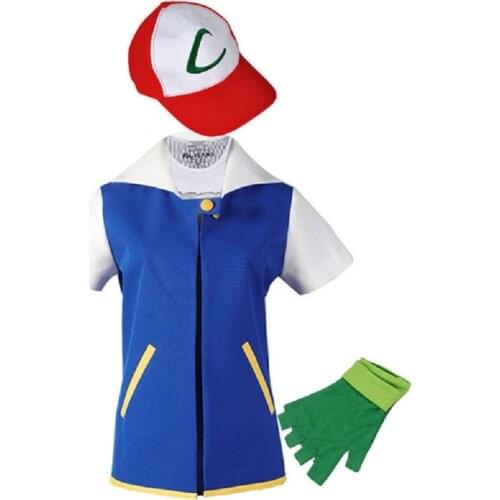 2019 New Anime Pokemon Cosplay Pocket Monster Ash Ketchum Cosplay Costume Blue Jacket Hat Gloves Full Set Halloween Costumes