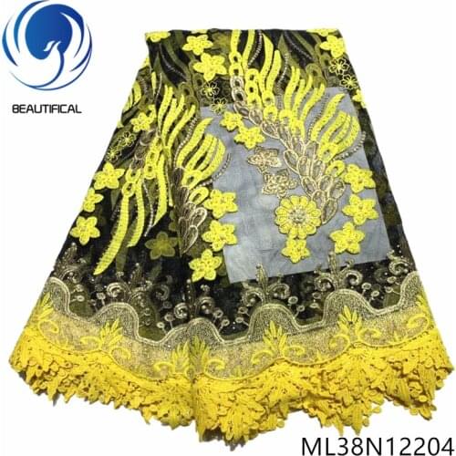 BEAUTIFICAL african lace fabrics Fashion black tulle lace mix guipure lace with yellow embroidery stones for dress ML38N122
