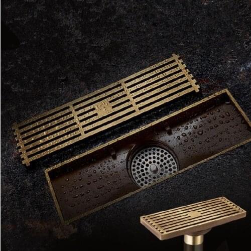 Drains Euro Style Antique Brass Bathroom Linear Shower 8*20 8*30cm Floor Drain Wire Strainer Art Carved Cover Waste Dra