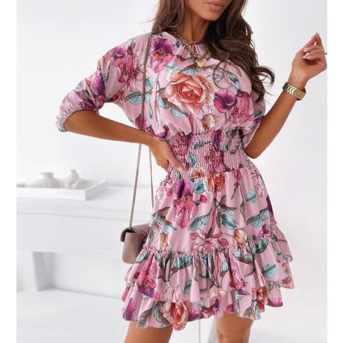 Summer Cascading Ruffles Flower Print Dress Women Casual Half Sleeve A Line Dress 2021 Boho Female Short Holiday Party Vestidos