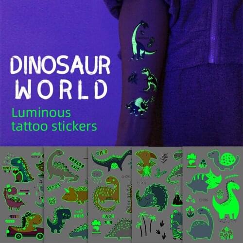 Cute Dinosaur World Water Transfer Waterproof Temporary Luminous Tattoo Stickers For Girl Children Halloween Party Fake Tattoos