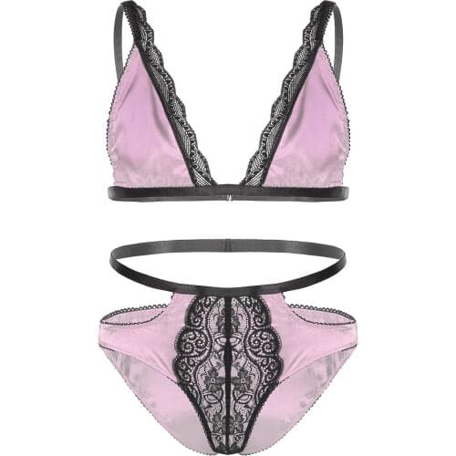 Mens Male Satin Sissy Lingerie Set Costumes Clubwear Lace Trimming Bra Tops with Jockstraps Pouch Briefs Panties Underwear