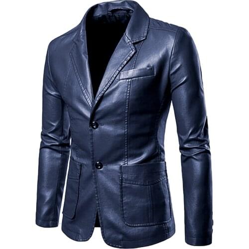 Mens Leather Jacket Suit Slim Fit Fashion Business Casual Blazer Jacket Solid Color Men Coat