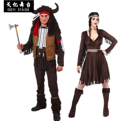 New men Halloween Primitive Native Indian chief Costume Female Warrior Cosplay Carnival Purim Masquerade Nightclub party dress