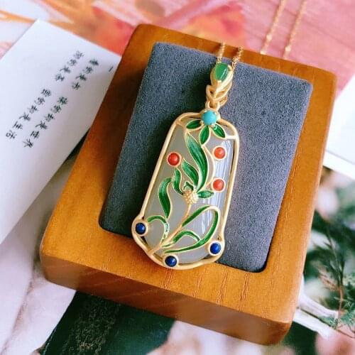 New silver inlaid natural Hotan Chalcedony plant flower pendant necklace Chinese classical national charm womens jewelry