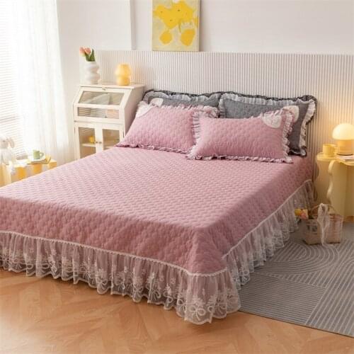 Luxury Solid Color 100% Cotton Quilted Lace Ruffles Bedspread Bed Skirt Mattress Cover Pillowcases Nordic Size Bedding Set