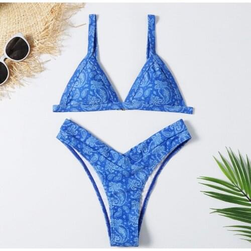 Sexy Blue Print Push Up Bikini Mujer 2021 Swimwear Women Swimsuit Brazilian Thong Bikinis Set Bathing Suit Biquinis Feminino