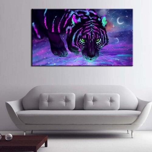 Modern Wall Art Tiger Canvas Painting Purple Background Home Decor Oil Painting Wall Pictures for Living Room Posters and Print