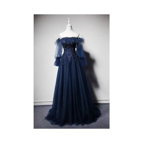 Navy/light blue feather lantern sleeve long medieval dress Renaissance costume Victorian Gothic Lol/Marie Antoinette Belle Ball