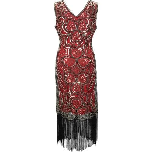 Vintage Women Prom Gowns Tea Length Sleeveless Robes Sequins V Neck Tassels Party Dress 1920s Retro Party Robes