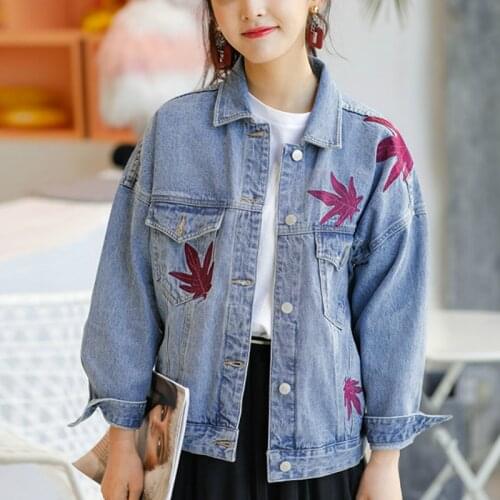 2020 Korean Print Autumn Clothes Femme New Denim Coat Female Embroidery Vintage Casual Losse Long Sleeve Jeans Jacket Women A386