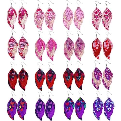 Sequins Valentine Layered Feather Leather Earrings For Women Three Layer Splice Sweetheart Leaf Earrings Brincos Gifts 2021