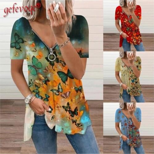Summer Womens Zipper Butterfly Printing Tshirts Short Sleeve V-neck Graphic Casual Tops Elegantes Oversize Tee Shirts Femme