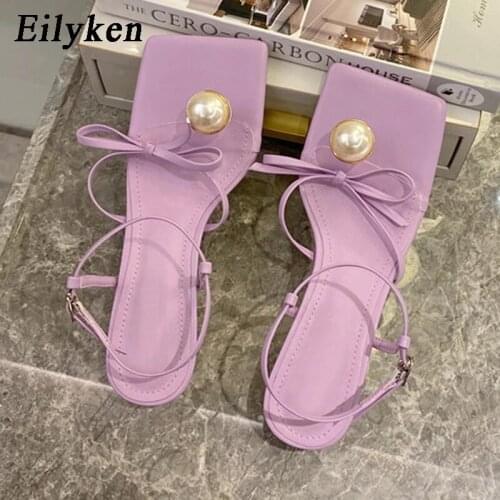 Womens Sandals Fashion Pearl Decoration Clip Toe Womens Butterfly-Knot Lace Up Sandals Ankle Buckle Strap Low Heels Female Shoe