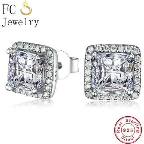FC Jewelry 925 Sterling Silver Square Shape Clear Zircon Stone Stud Earring For Women Brincos Boucles D oreilles 2020 Fashion
