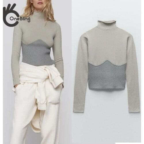 OneBling Women 2021 Winter Patchwork Turtleneck Knit Sweater Long Sleeve Slim Pullover Tra Female Chic Knitted Grey Top Shirt