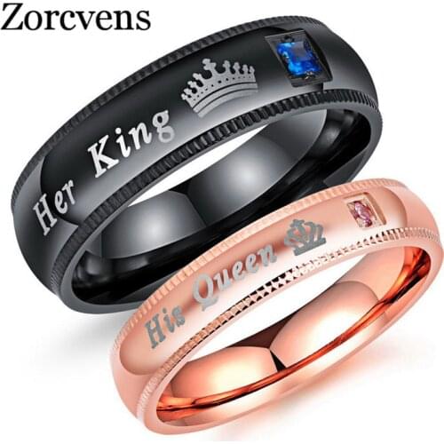 ZORCVENS Engraving Wedding Rings for Women Men Stainless Steel Matt Surface Anniversary Band Valentine Gift His Queen Her King