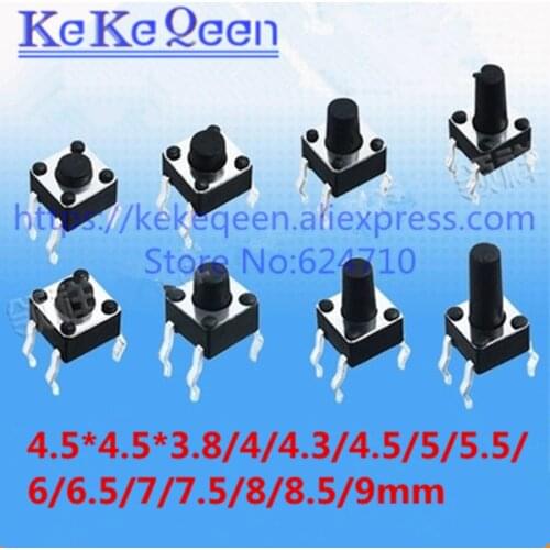 100pcs 4.5x4.5mm Panel PCB Momentary Tactile Tact Push Button Switch DIP 4pin 4.5x4.5x3.8/4.3/5/6/7/8/9 MM 4.5*4.5*3.8MM-9MM