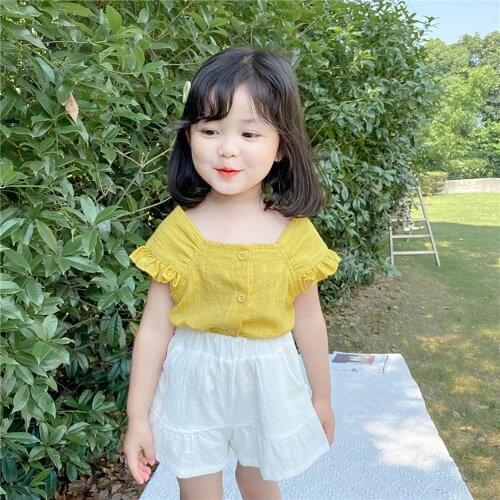 2021 Summer Kids Baby Girls Square Collar Ruffles Short Sleeve T-Shirts Tops+Shorts 2Pcs Toddler Children Casual Clothes Set
