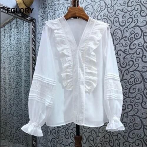 100%Cotton Blouses 2021 Spring Summer Hot Sale White Shirt Ladies V-Neck Lace Embroidery Deco Ruffle Sexy Casual Loose Tops