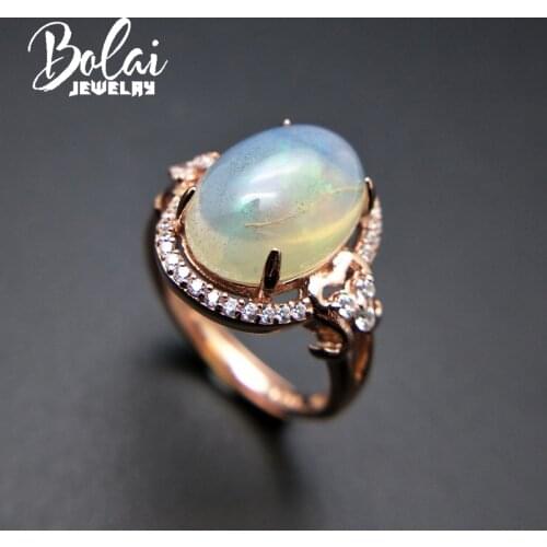 Bolaijewelry,natural big size ethiopian opal oval 10*14mm fire opal elegant gemstone ring 925 sterling silver women gift box