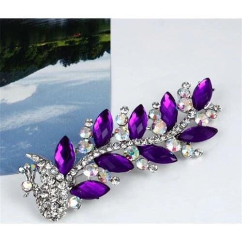Vintage Bridal Korean Peacock Purple Red Resin Rhinestone Fashion Brooches For Wedding Gold Women Accessories Brooch Pin Jewelry