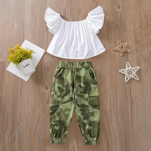 Kids Girls Outfits Summer Girls Solid Color Fly Sleeve Boat Neck Pullover + Camouflage Pants with Pocket Two Piece Costume