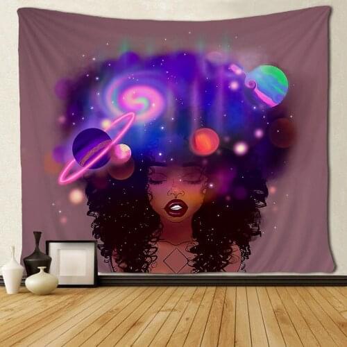 Black Girl Afro African American Women with Galaxy Hair Wall Hanging Tapestries