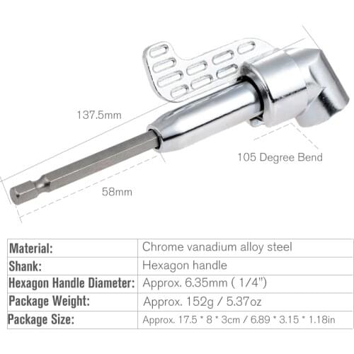 HOEN 1pcs 1/4" Hex Socket Keyless Drill Bit 105 Degree Chuck Clamp Hex Shank Adapter Converter Quick Change Close Corner Tool
